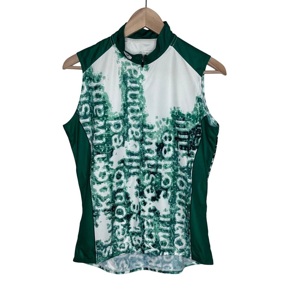 Sugoi Womens Sleeveless Cycling Jersey Green White Abstract Print Rear Pockets L